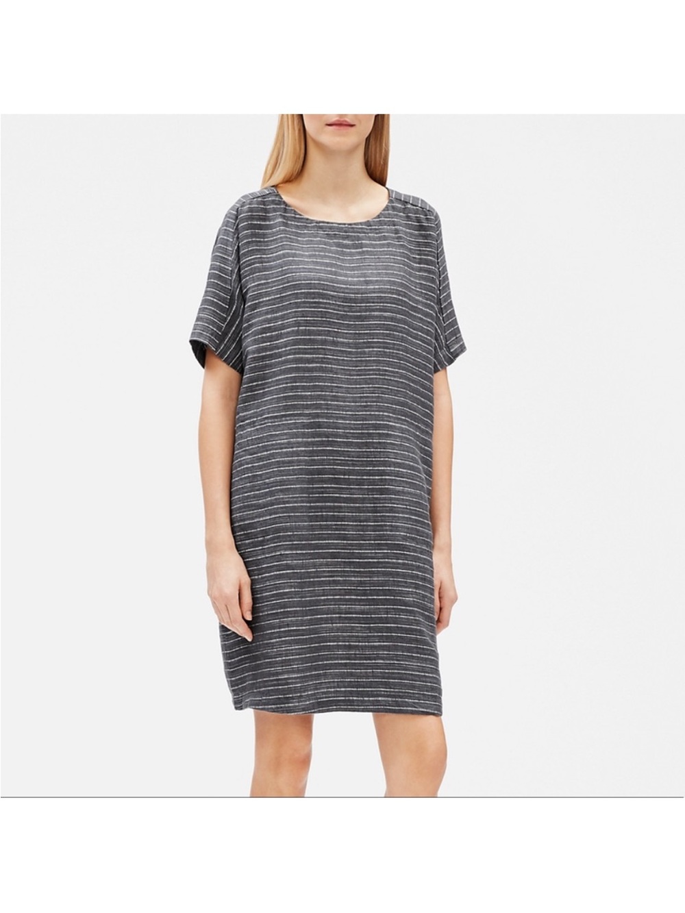 Eileen Fisher PL Petite Large Organic Linen Delave Pinstripe Tunic Dress Gray